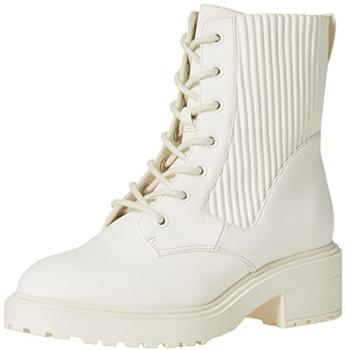 Amazon Essentials Women's Rubberised Combat Boot with Chunky Outsole, Ecru Faux Leather, 8.5 UK