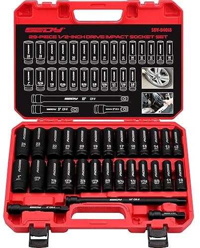 29-Piece 1/2 Drive Impact Socket Set, SAE (3/8 to 1 inch) and Metric (10-24mm) Sizes with Extension Bars Standard Deep Socket Set CR-V Material High Durability Impact Wrench