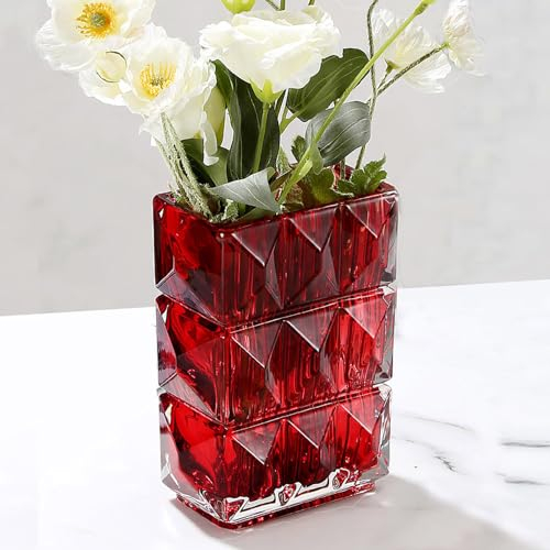Vaso da fiori in cristallo da 20 cm, ispessito, in vetro trasparente, grande vaso quadrato, decorativo per la casa (rosso)