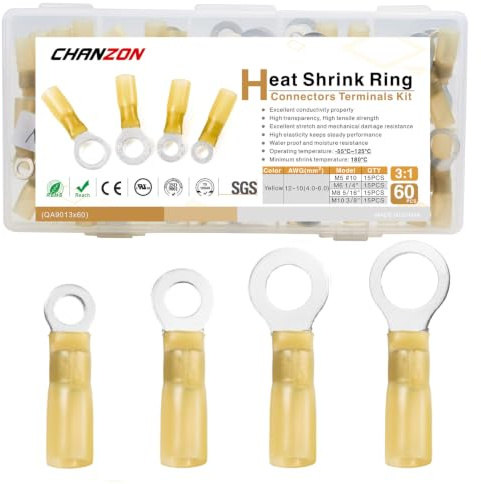 Chanzon 60pcs Heat Shrink Ring #10 M6 M8 M10 12-10AWG Terminal Kit Yellow