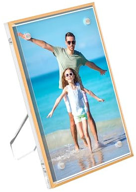 Hexsonhoma Cornice portafoto in acrilico 9 x 13 cm con bordo dorato, trasparente tavolo magnetico, cornice in acrilico di cristallo autoportante per vendita al dettaglio, negozio, museo, casa, annunci