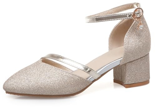 OALEEN Escarpins Sandales Femme Eté Petit Talon Carré Sexy Bout Pointu Bride Cheville Paillettes Chaussures Soirée Mariage Dorée 36