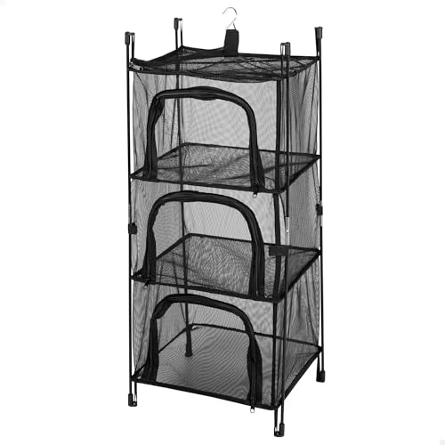 AKTIVE Organizador Armario Colgante, 38 x 36 x 87 cm, Estantería Camping, 3 Niveles, Balda Superior, 1 Gancho, Armario Plegable, Tejido poliéster Rejilla, Negro, Bolsa de Almacenamiento portátil