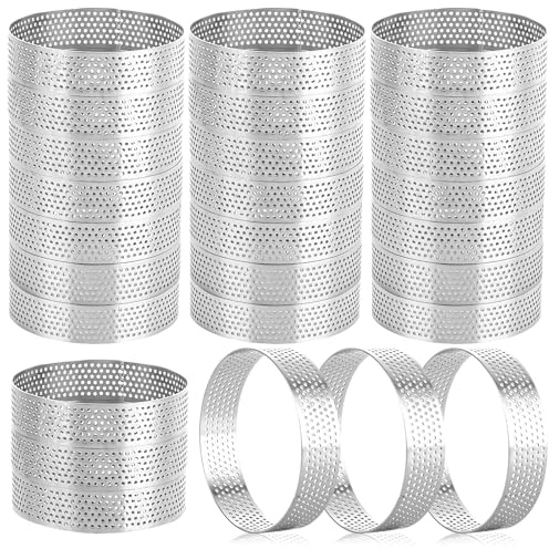 ABuff 24 Pack Tart Ring, 3.15 Inch Perforated Tart Rings for Baking, Stainless Steel Round Tart Ring, Nonstick Metal Cake Ring Pastry Cake Mold for Pastry French Dessert, Small Fruit Tarte Crust
