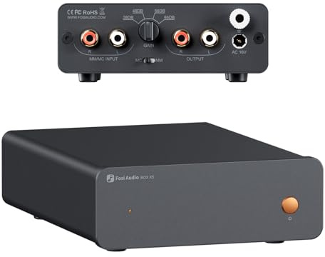 Fosi Audio Box X5 Phono Preamp per Giradischi, Mini Preamplificatore Home Audio per MM & MC Cartuccia Giradischi/Giradischi fonografo/Altoparlanti attivi, 4 livelli di guadagno regolabile 38/48/56/66