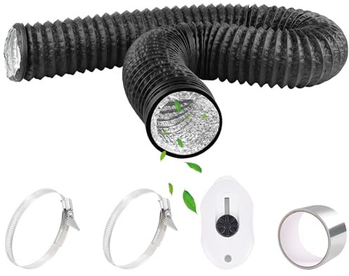 Abluftschlauch Ø125mm 2,5m Lüftungsschlauch PVC Flexschlauch mit Aluminiumband 50mm x5m und 2 Schlauchschelle Edelstahl Aluminium Abluftrohr für Klimaanlage Abluftventilator Abzugshaube - Schwarz