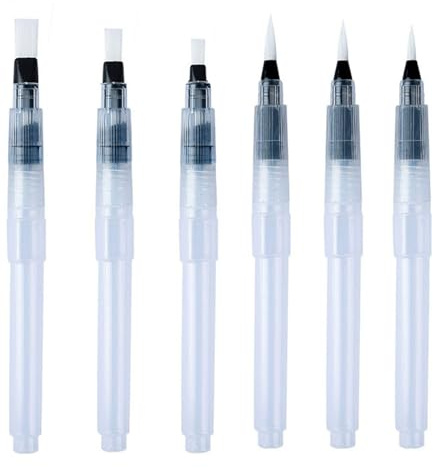 Refillable Watercolour Brush Pens Set: 6 Pcs Water Paint Brush with Refillable Reservoir - Water Brushes with Fine, Medium, and Large Tips for Watercolour Painting, Sketching