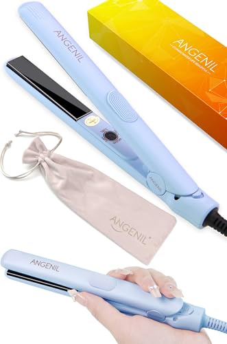 ANGENIL Pro Ultra Small Travel Straighteners for Short Hair, Dual Voltage Ceramic Small Portable Hair Straightener Anti-Scald Silicone Heat Resistant, Blue Ultra Mini Flat Iron for Bangs, Edges
