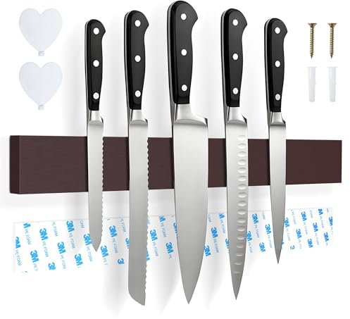 Portacoltelli Magnetico da Parete 40cm con 2 Ganci Adesivi, Ceppo per Coltelli in Legno con Magneti N40, Ceppo Coltelli da Cucina Vuoto, Barra Magnetica per Cucina, Utensili e Attrezzi (Marrone)
