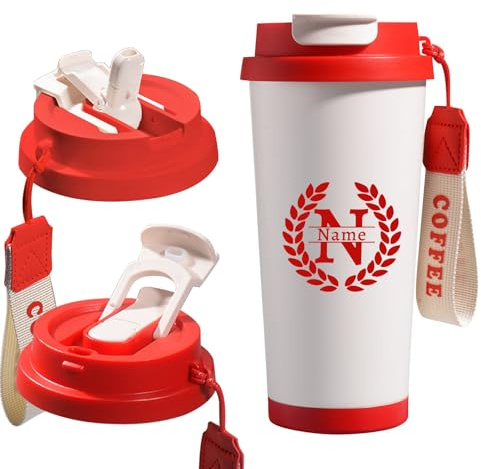Personalisierte Kaffeebecher To Go Thermobecher Kaffee Personalisiert mit Namen Thermo Kaffeebecher mit Deckel & Strohhalm Termokaffeebecher Edelstahl Personalisierte Geschenke (Rot)