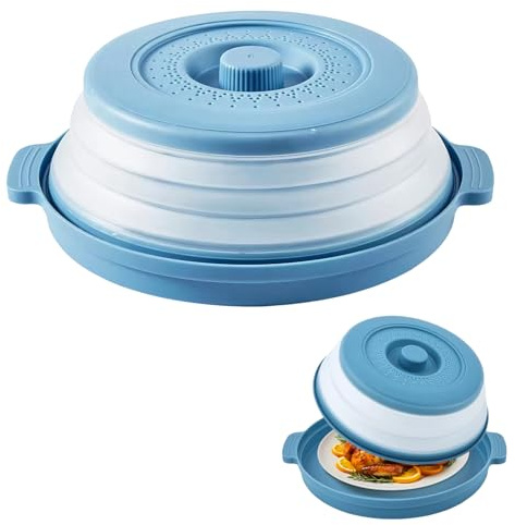 Microwave Cover for Food, 10.7 Inch Silicone Microwave Splatter Cover and Base, Multiple Functional Splatter Guard Lid, Steam Vent Microwave Food Net Cover, Foldable for Easy Storage (Blue)