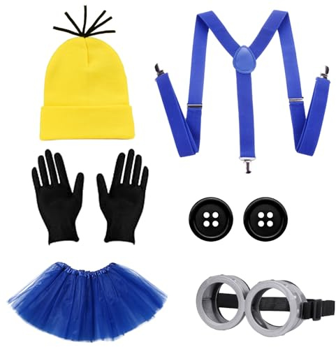 6 PCS Costume Giallo Kit Occhiali Costume, Accessori Gialli Costume Halloween Adulto, Occhiali Steampunk Cappello Guanti Bottoni Bretelle e gonna per Halloween Carnevale Natale Cosplay (Giallo A)