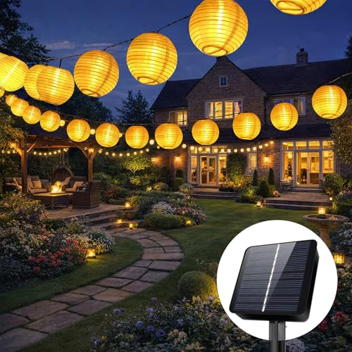 Auting Guirnalda de luces solares para exteriores, 6 m, 20 LED, 8 modos, farolillos exteriores, resistente a la intemperie, para jardín, balcón, terraza, boda, blanco cálido