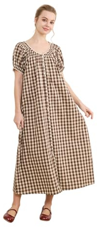 BEAUTELICATE Women’s Gingham Nightdress 100% Cotton Button-front A-Line Nightgown Loose Loungewear with Pockets Short Puff Sleeves Smocked Neck Cottagecore Casual Dress Taupe & Ivory