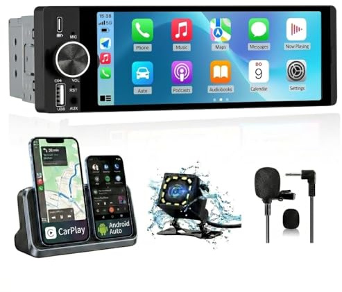 Junsun 1 DIN Radio Coche Universal con 6.36 Pulgadas Pantalla Táctil, con CarPlay/AndroidAuto/Admite Carga Type-C/USB/Micrófono/FM/EQ/WiFi/GPS/Bluetooth 5.0/USB/SWC y Cámara Trasera con Cable 6M