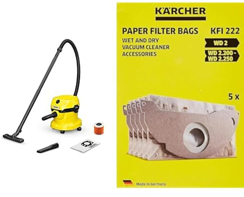 Kärcher Aspirateur Multifonction WD 2 Plus V-12/4/18/C, Fonction Soufflerie, Puissance : 1000 W, Cuve PVC : 12 l, Flexible : 1,8 m & Sachet filtre papier accessoire pour les aspirateurs multifonctions