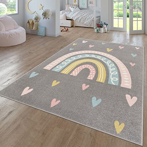 TT Home Alfombra De Habitacion Bebe Infantil Niña Niño De Juego Moderna Arcoíris Nube Motivo Animal Colorido, Color:Gris 2, Tamaño:133 cm Cuadrado
