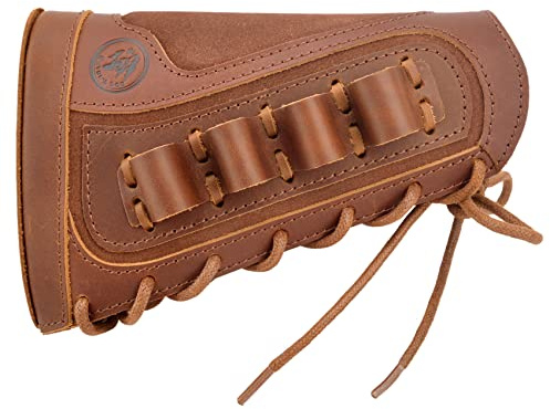 Leather Buttstock Cheek Rest with Rifle Shell Holder for .357 .308 .30-30 .30-06 .45-70 12GA 16GA 20GA .22LR (12 Gauge, Right Hand - Brown)
