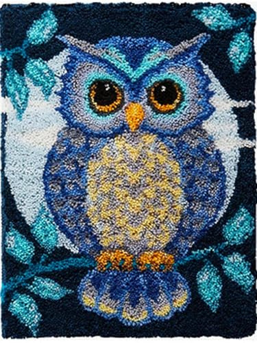 ROCKY&CHAO Latch Hook Kits for Adults Kids Blue Owl 50x38cm, DIY Carpet Embroidery Kits, Latch Hook Rug Needlework DIY Rugs Making Craft Kits Home Decor 20x15 Inches