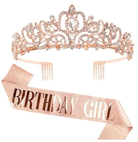 DRESHOW Couronne Anniversaire et Écharpe pour Femmes Ceinture pour Fille D'anniversaire et Diadème en Strass Décorations D'anniversaire Accessoires pour Les Cheveux, Ceinture Pailletée pour La Fête