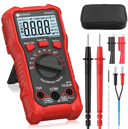 Neoteck Digital Multimeter Voltmeter 2000 Zähler Spannungsprüfer AC/DC Strom Spannung Widerstand Kapazität NCV Frequenz Temperatur Messgerät mit Krokodilklemme - Rot