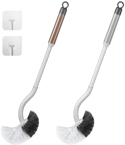 2er Set Toilettenbürste,Klobürste mit randreiniger,Langer Stiel klobürste gebogen WC-Bürste mit Tiefenreinigung Toter Ecken,Kunststoff-Toilettenbürstenset（grau/braun）