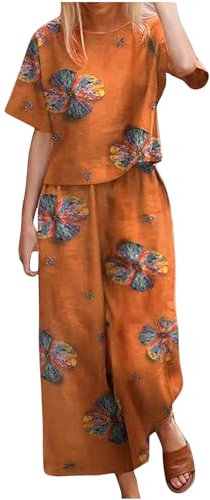 Linen Sets for Women 2 Piece Outfits Ladies Summer Tops Short Sleeve Round-Neck Casual Loose Fit Plain T-Shirt & Loose Wide Leg Pants Casual Tracksuit Leisurewear