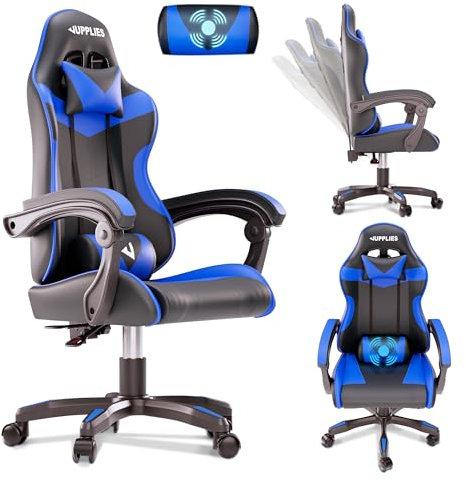 JUPPLIES Silla Gaming Profesional con Masajeador - Silla de Oficina Ergonómica sin Reposapiés, Altura Regulable y Respaldo Abatible - Silla Gamer para Juegos