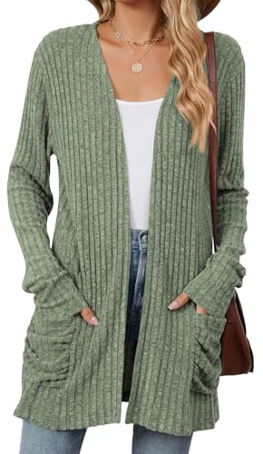 Famulily Long Sleeve Ribbed Cardigans for Women, Light Fall Winter Outwear Open Front V Neck Sweater Cardigans with Pockets