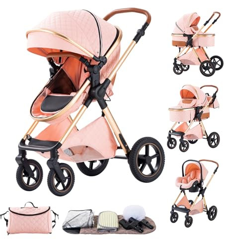 BEBBY Kinderwagen, Standard-Kinderwagen, Kinderwagen 3 in 1,Kinderwagen mit Faltbarem Tragbarem für Neugeborene aus Aluminium mit Beinabdeckung und Netz-H2-PINK