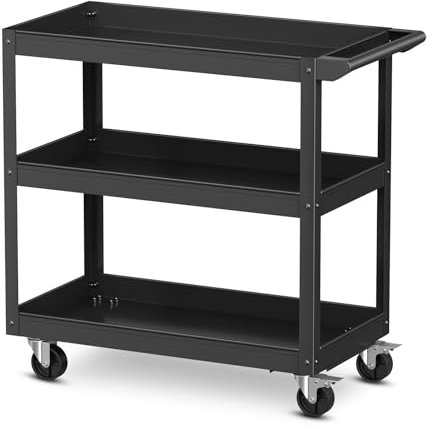 TANGZON 2/3-Tier Rolling Tool Cart, Utility Service Cart with Towel Rack Handle & Wheels, Heavy-duty Steel Mobile Tool Storage Garage Trolley Shelves (Black, 3 Tier, 79x38x76cm)