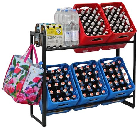 PROREGAL Getränkekistenregal KÖNIGSSEE Plus inkl. 2 Haken & 6 Auflageträger | HxBxT 84x104x33cm | Höhenverstellbare Füße | Für 6 Kisten | Schwarz | Getränkeregal, Wasserkistenregal, Bierkistenregal