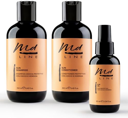 md LINE Protezione Solare Capelli Kit Sun OFFERTA 3 in 1 Doccia Shampoo Doposole + Olio Spray Protettivo + Balsamo Conditioner con Cocco, Acai e Moringa - Protettore Sole, Mare e Cloro, Idea Regalo