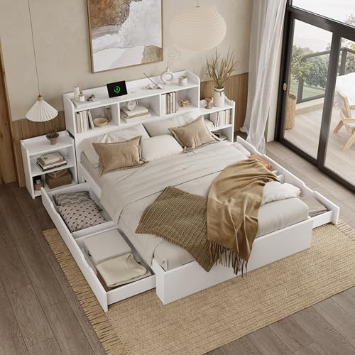 okwish Holzbett 140x200 cm Doppelbett, Funktionsbett mit Typ-C & Kabelloses Laden, Bett mit Stauraum - Stauraumbett mit Nachttischen, Schubladen & Stauschrank, Bettgestell mit Lattenrost, Weiß