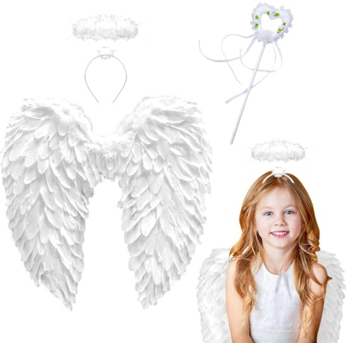 Engels Teufel Flügel Blanco, Negro Ángel Alas,Diablo Disfraz Señoras,Alas de Ángel Disfraz con halo y Varita mágica,Disfraz de Alas de Adulto Niños,Ángel Accesorios de Disfraces (Blanco 45cm)
