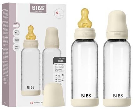 BIBS Baby Glass Bottle. Lot de 2. Anti-colique. Embout rond en latex de caoutchouc naturel. Favorise l’allaitement naturel, Complete Set - 240 ml (Pack of 2), Ivory