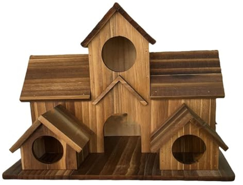 FUANA Mangeoire à oiseaux d'extérieur en bois pour perroquets et petits oiseaux, 20 x 13 x 15 cm, mangeoire rustique de style villa avec toit incliné, imperméable et isolation thermique