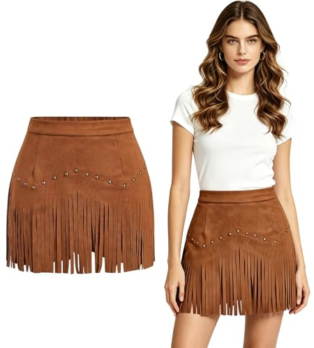 Cowgirl Denim Mini Skirt - High-Waisted A-Line Western Style for Nashville Outfits and Country Concerts. Vintage Light Brown Retro Casual Apparel for Women, Size M