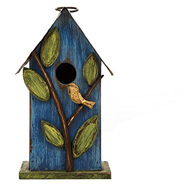 Glitzhome Bird Houses for Outside, 9.7 H Hanging Bird House for Outdoor, Patio Garden Decorative Pet Cottage Distressed Wooden Birdhouse for Bluebird Hummingbird Wren Finch Cardinals, Blue Leaves