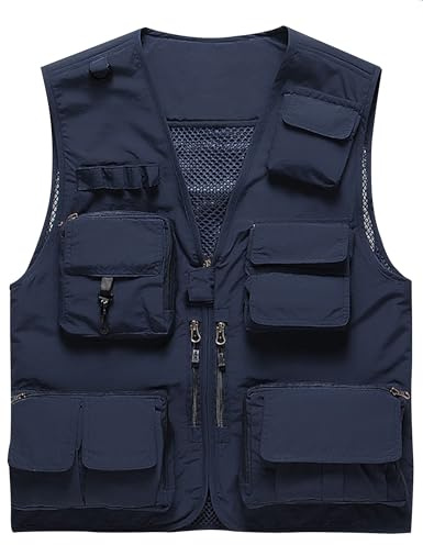 Flygo Men's Casual Lightweight Outdoor Fishing Work Safari Travel Photo Cargo Vest Jacket Multi Pockets, Navy Blue, XXL