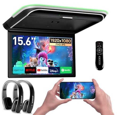 XTRONS Android Car Overhead Player 15.6 IPS Touch Screen Octa-Core Car Roof Mount Monitor Built-in Stereo Speakers Support HDR10+ 8K Video, Bluetooth, WiFi, HDMI/RCA Input w 2pcs IR Headphones(Black)