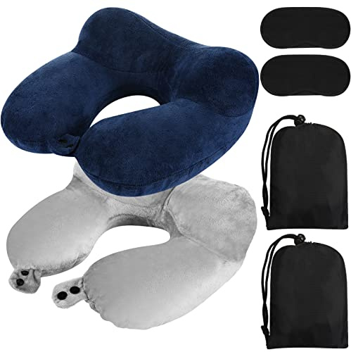 Sintuff 2 Pack Inflatable Travel Neck Pillow Airplane, Light Gray,Dark Blue