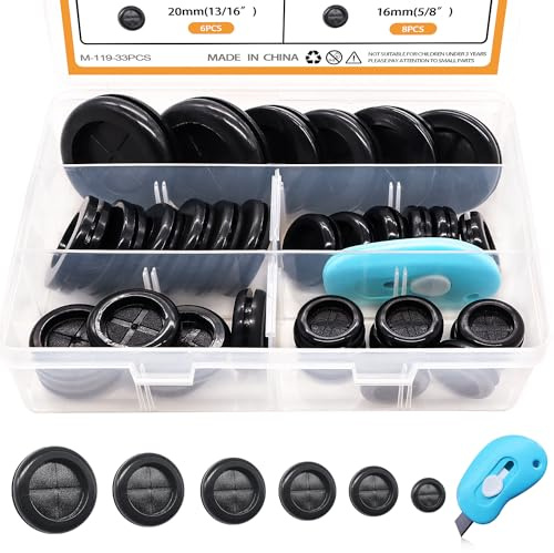 mankk 33Pcs Rubber Grommet Kit 6 Size (5/8 13/16 7/8 1 1-3/16 1-1/2) Drill Hole Round Double Sided Rubber Hole Plug with Retractable Box Knife for Protecting Cable Wire M-119-33PCS