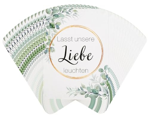 GHVACZS 50 Stück Lasst Unsere Liebe Leuchten Wunderkerzen Hochzeit Etiketten, Hochzeitsdeko Halter Schilder für Wunderkerzen, Eukalyptus Knicklichter Schilder für Pyrotechnik und Glühstäbe