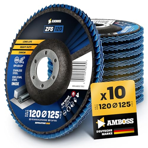 AMBOSS Tools ZFS - 10 dischi a ventaglio, diametro 125 mm, per acciaio/acciaio inox, smerigliatrice angolare professionale, con zircone