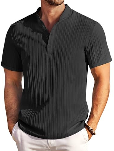 COOFANDY Men's Short Sleeve Casual Shirt Henley Band Collar Summer Beach Textured Shirts Black L
