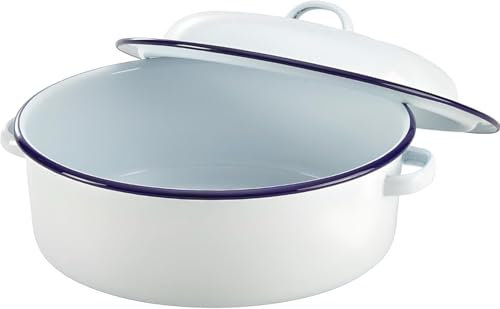 VG® Round Vitreous Enamel Roaster with Lid Oven Safe 29cm approx Internal Diameter Oven To Table use White with Blue Rim,Self-Basting Ideal Traditional Roasts Cook Hearty Family Meals Casserole Stew