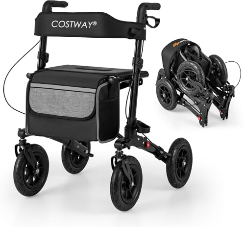 COSTWAY Folding Rollator, Height Adjustable Rolling Walker with Seat and 9 All Terrain Pneumatic Tires, Lightweight Walking Aid Frame for for Elderly & Disabled, 140 KG Weight Capacity (Black)