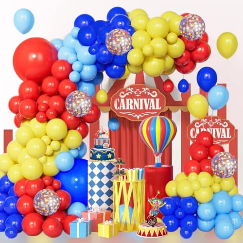 Ghirlanda di palloncini rossi, gialli e blu, 113 pezzi, decorazione per feste di circo con palloncini colorati, rossi, gialli e blu, con palloncini a confetti colorati, decorazione per feste a tema