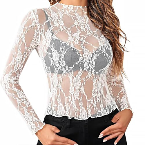 Hauts Transparent Femme Sexy en Dentelle à Manches Longues Top Mesh Haut en Maille Chemisier Voir à Travers T-Shirts, S-XL (FR/ES, Alpha/Lettres, M, Taille Normale, Taille Normale, Blanc)